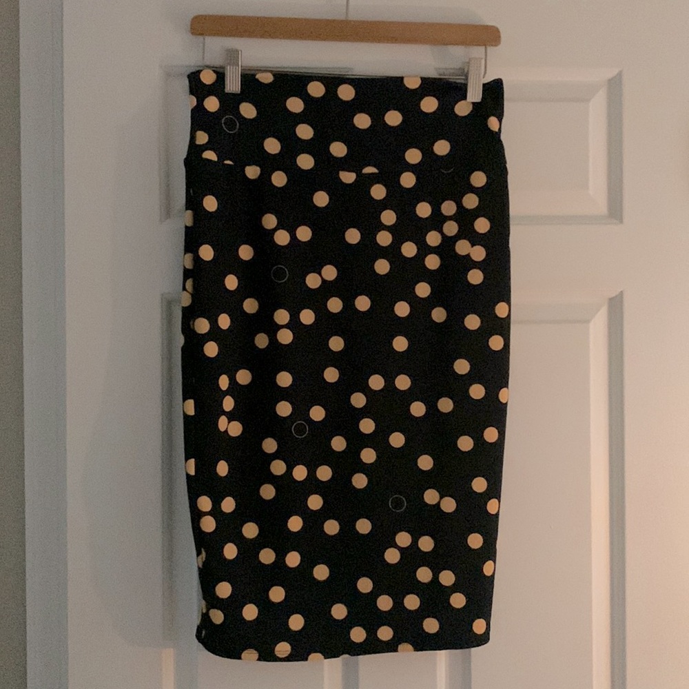 Navy LuLaRoe pencil skirt with gold polka dots